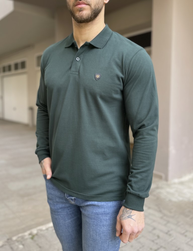Everbest Everbest Ανδρική κυπαρισσί Polo πικέ μακρυμάνικη μπλούζα Plus size 251020